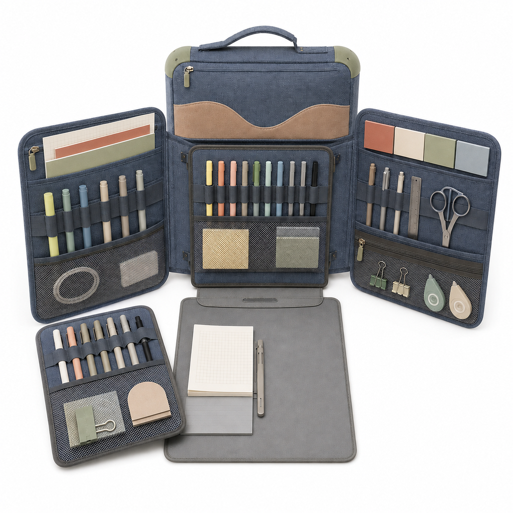 Portable Fold-Out Stationery Workstation with Structured Carry Case