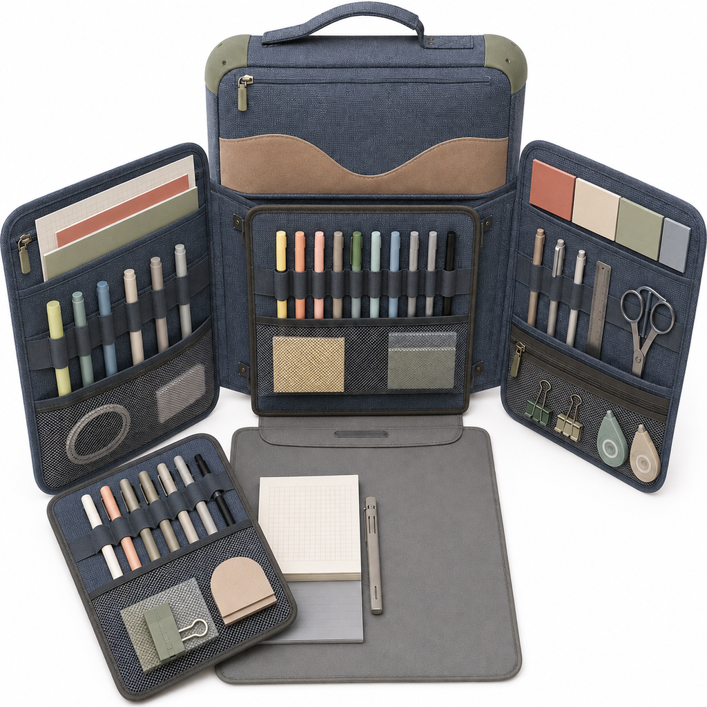 Portable Fold-Out Stationery Workstation with Structured Carry Case