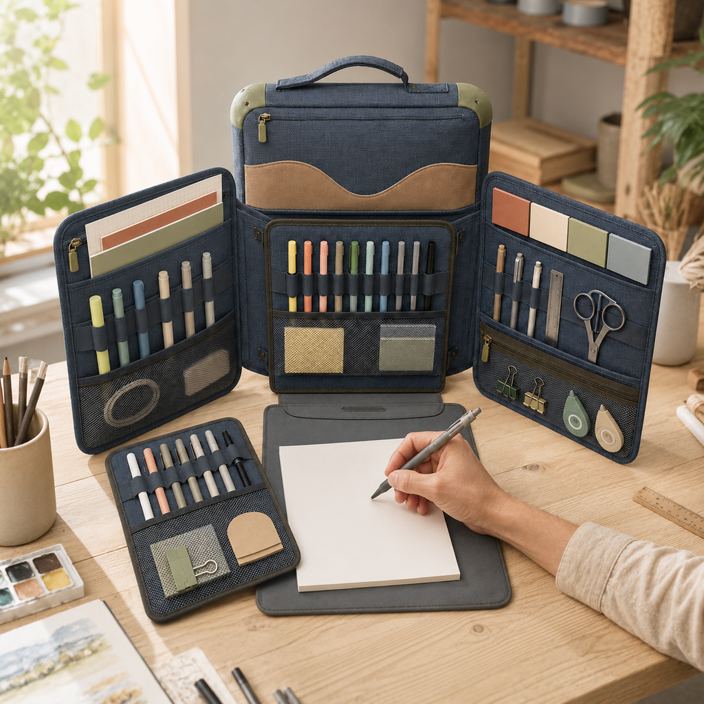Portable Fold-Out Stationery Workstation with Structured Carry Case