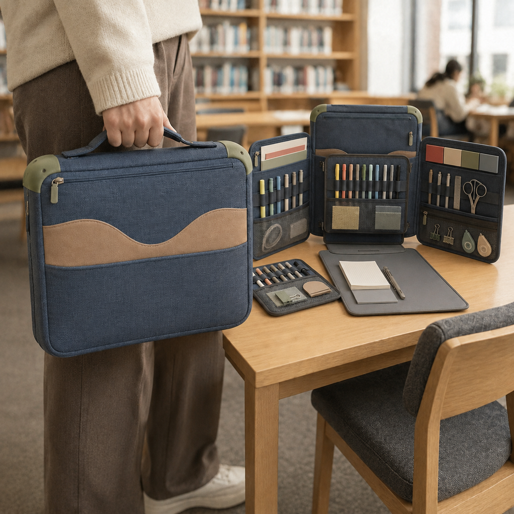 Portable Fold-Out Stationery Workstation with Structured Carry Case